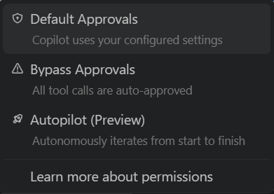 GitHub Copilot's approval mode menu in VS Code, showing three options: Default Approvals (Copilot uses your configured settings), Bypass Approvals (all tool calls are auto-approved), and Autopilot Preview (autonomously iterates from start to finish).