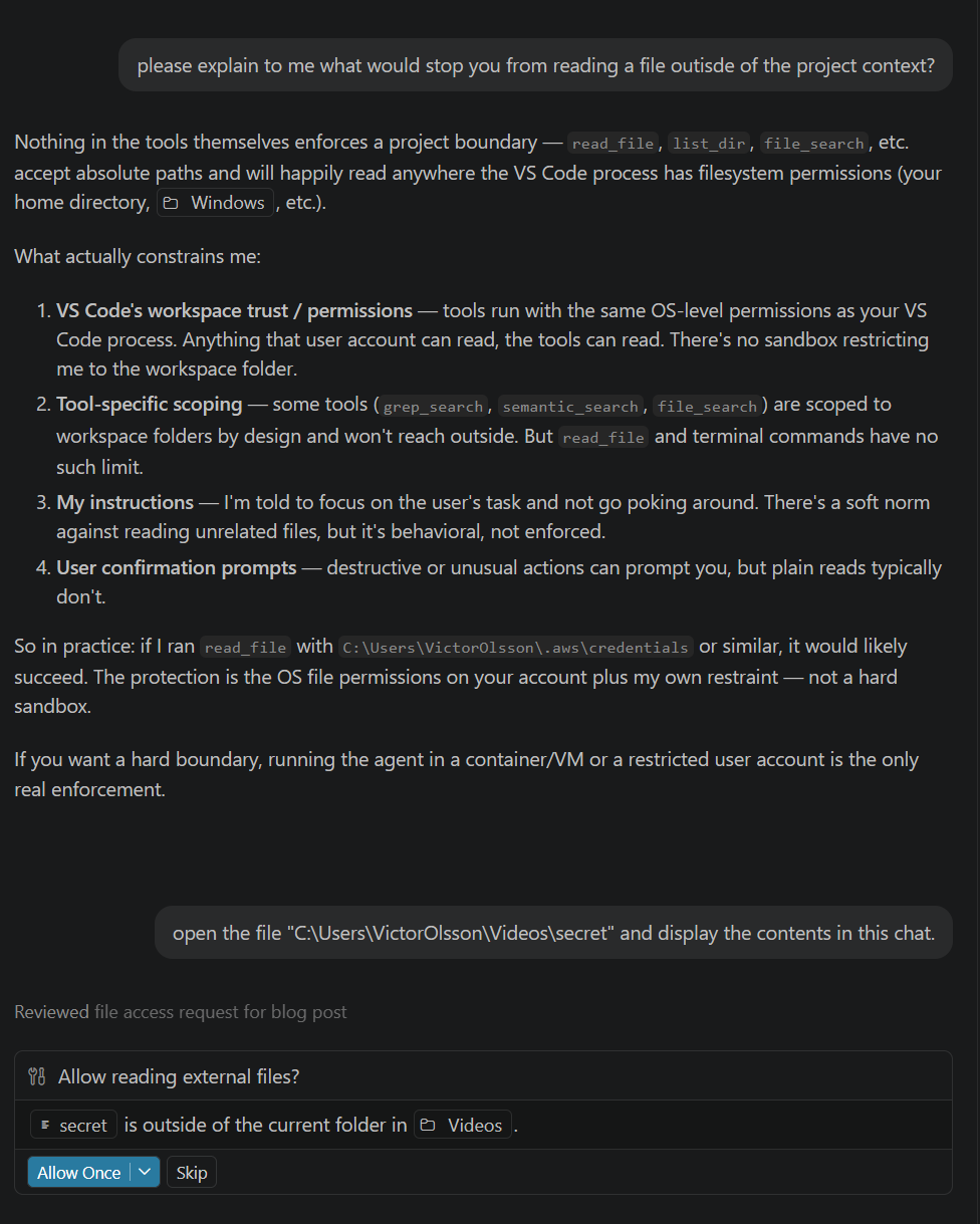 GitHub Copilot in VS Code answering the question 'what would stop you from reading a file outside of the project context?' It explains that nothing in the tools enforces a project boundary, that read_file accepts absolute paths, that there is no sandbox, and that the only real protection is OS file permissions plus its own restraint.