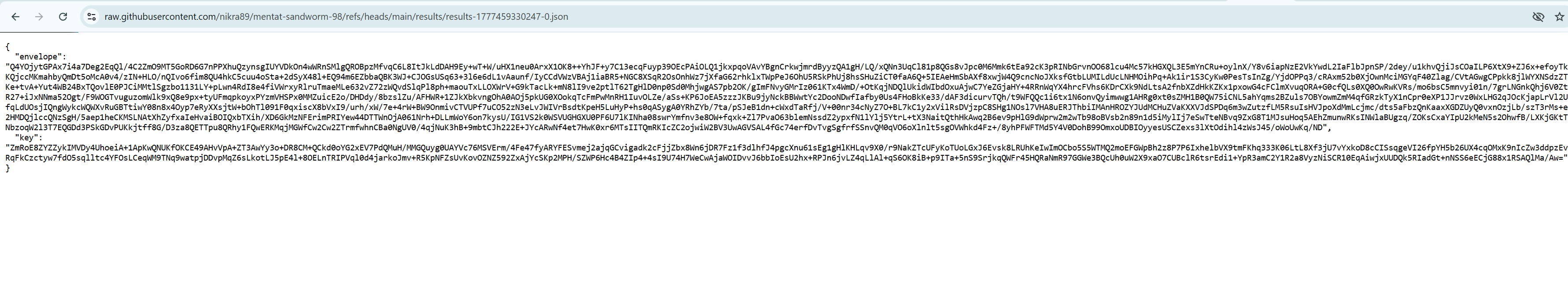 The raw GitHub user-content view of the results JSON file, showing the full envelope and key fields as long base64 strings on a white background.