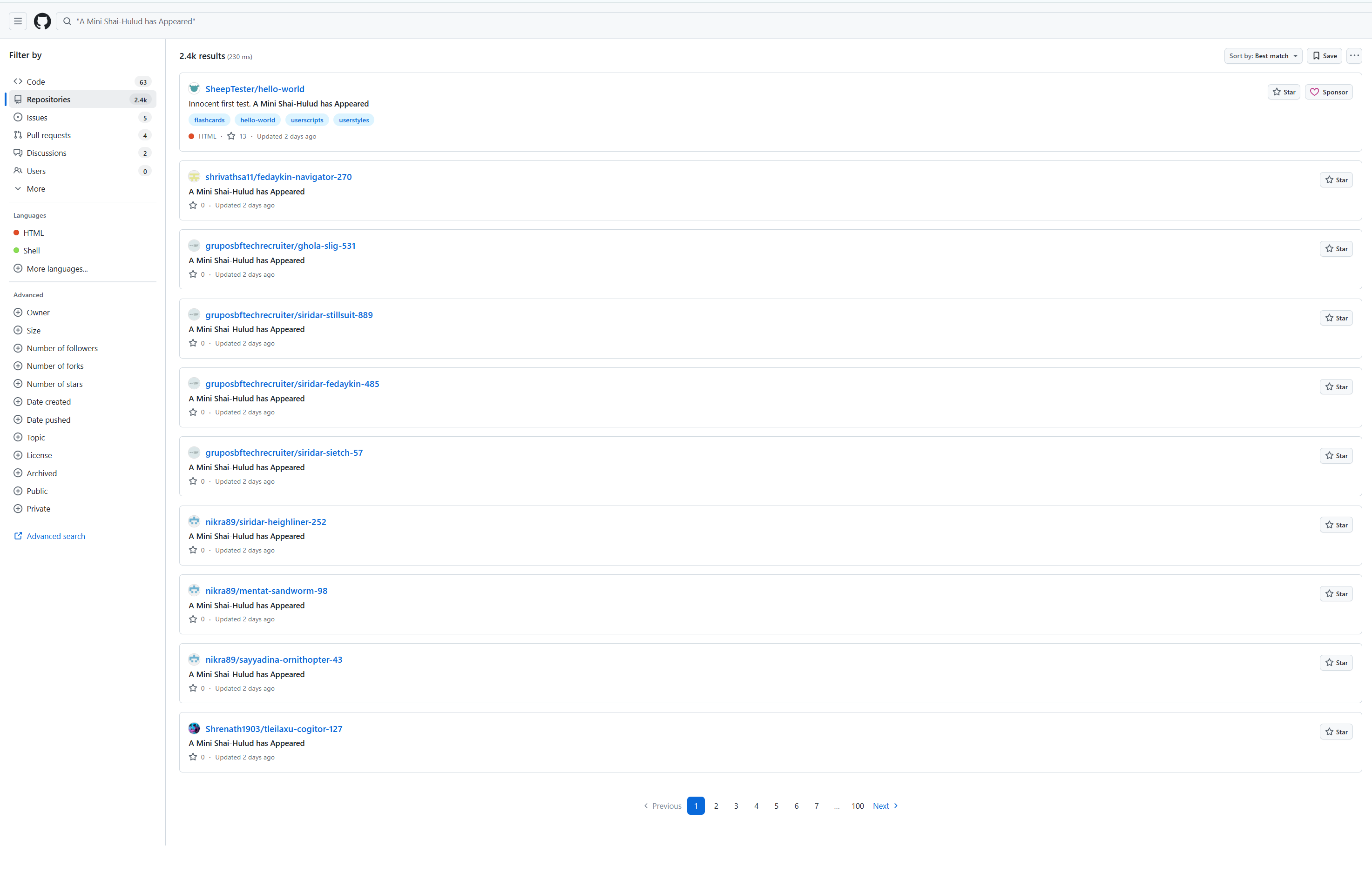 GitHub repository search for the string 'A Mini Shai-Hulud has Appeared' returning 2,400 results, paginated to page 100. Each repository shows the same description and was updated two days ago.