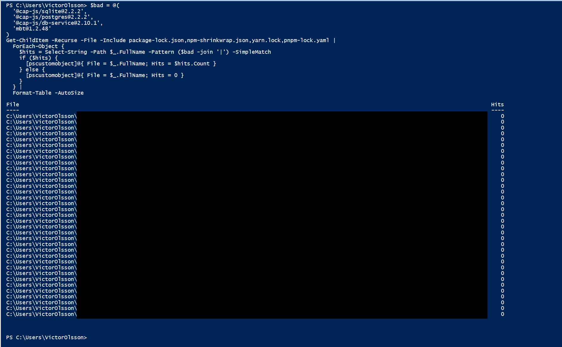 Windows PowerShell ISE running the lockfile scan script. The script defines an array of compromised package@version strings, recursively walks lockfiles, and produces no findings on this clean machine.