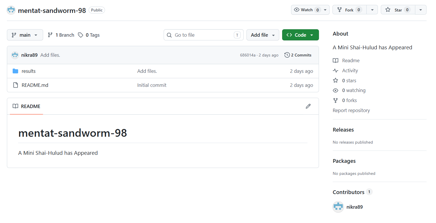 A victim repository on GitHub showing a results folder with a single file named results-1777459330247-0.json, 4 lines and 3.05 KB in size. The file contains two fields, envelope and key.