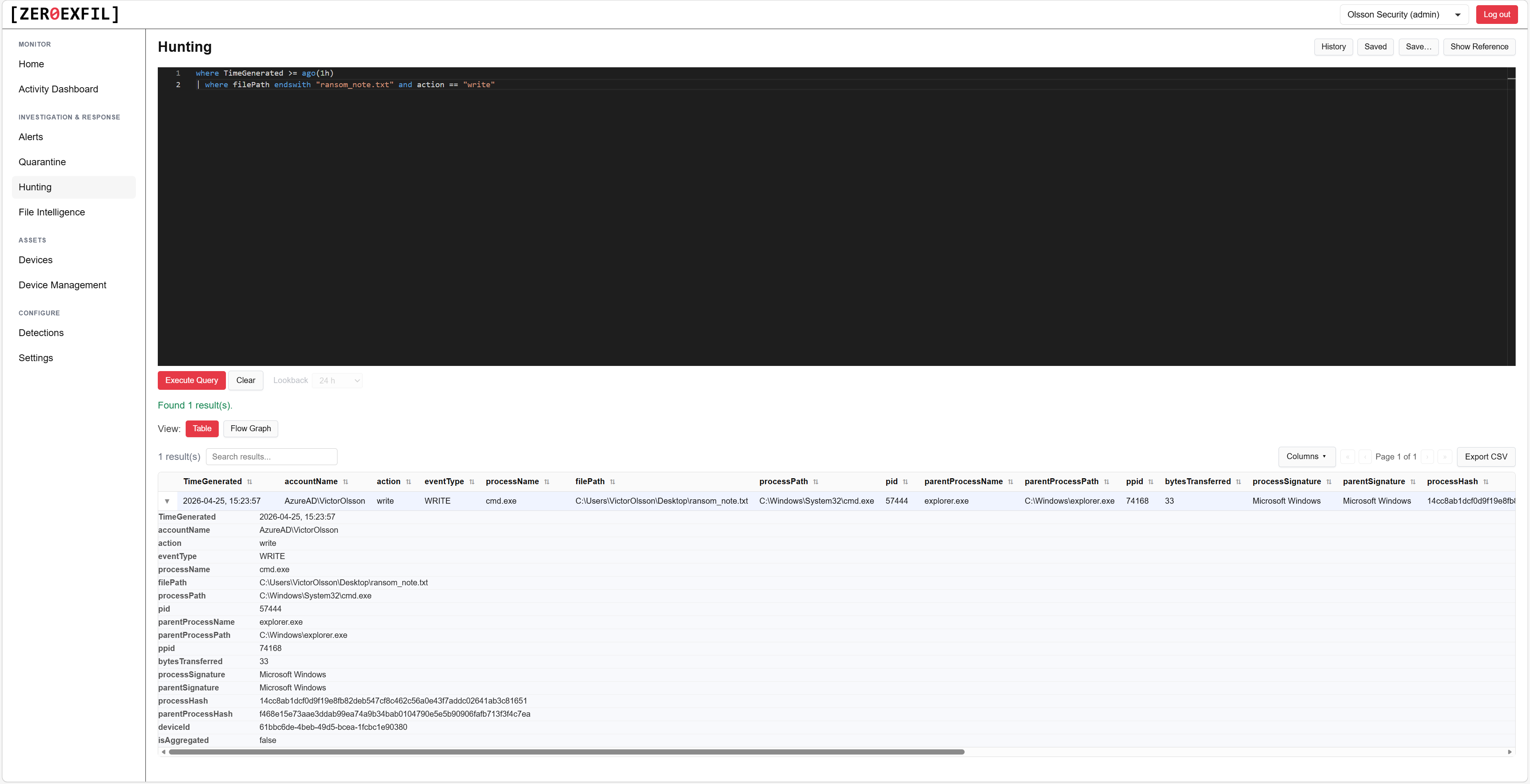 Advanced hunting page running a query across endpoint file telemetry