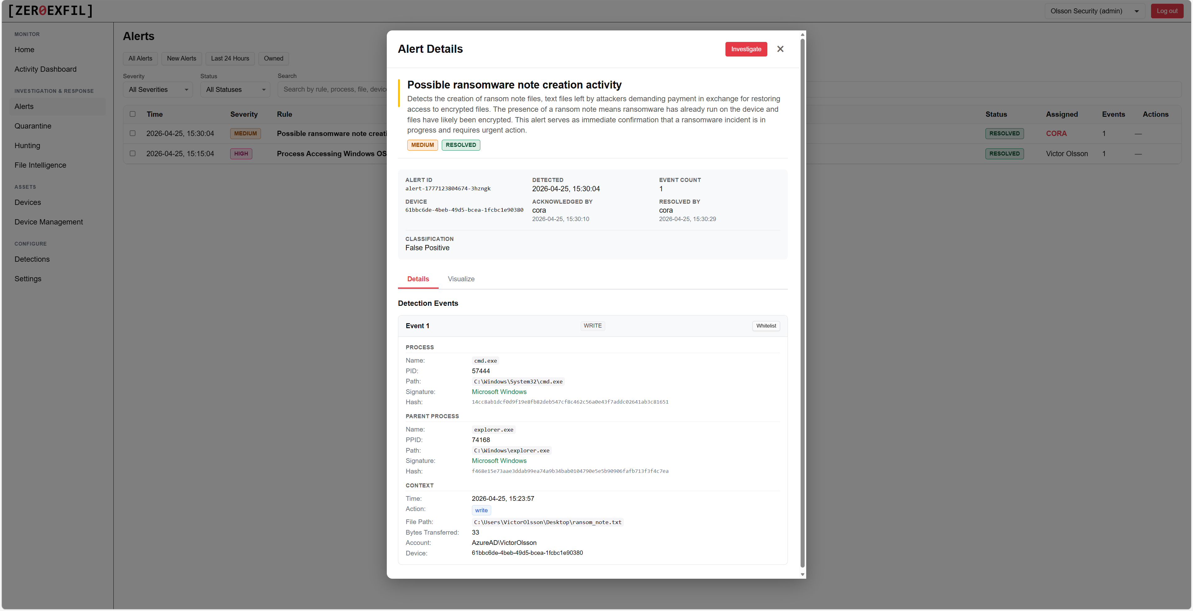 Alert detail page with file event timeline and process chain