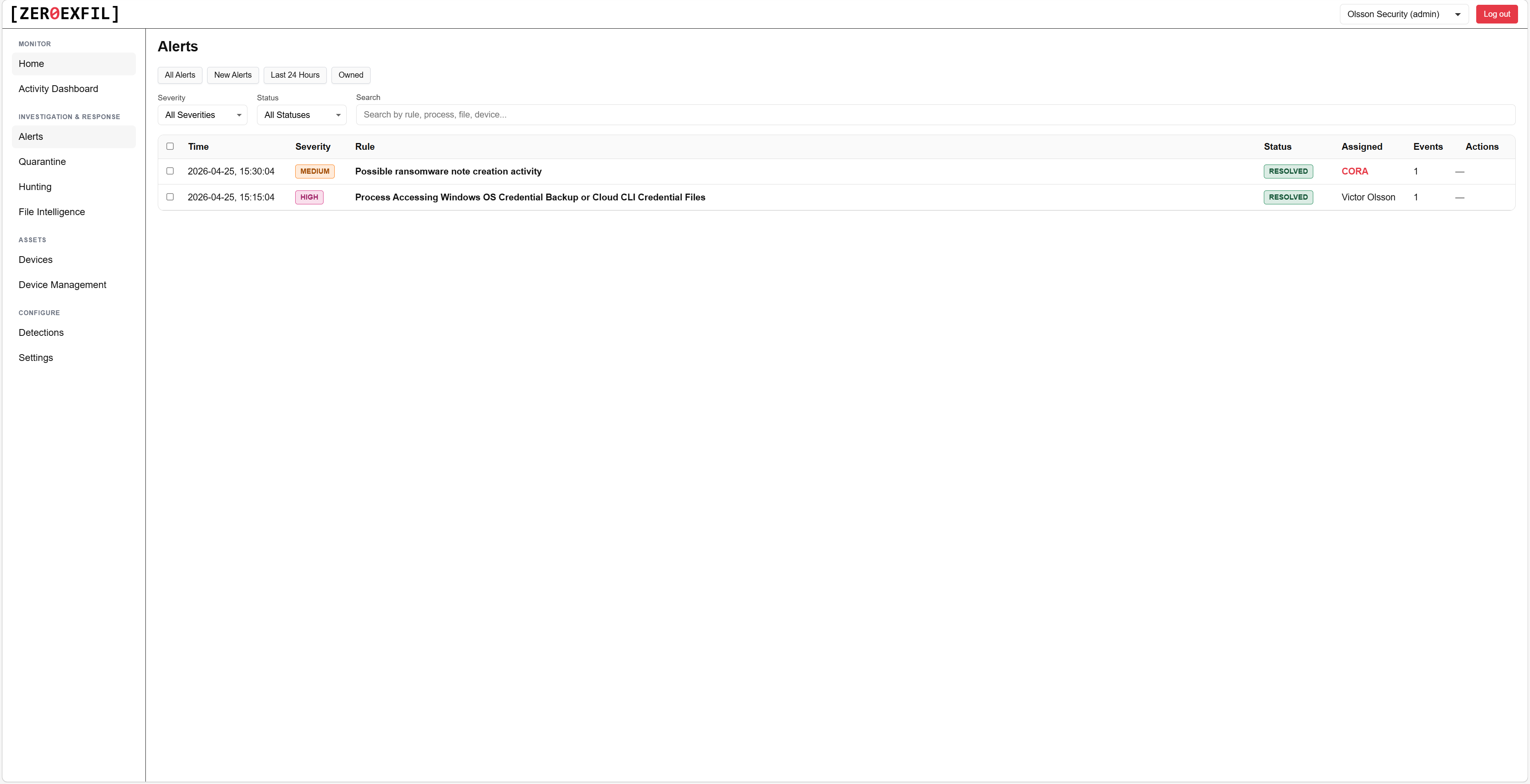 Alerts list filtered by severity, status, rule, and endpoint