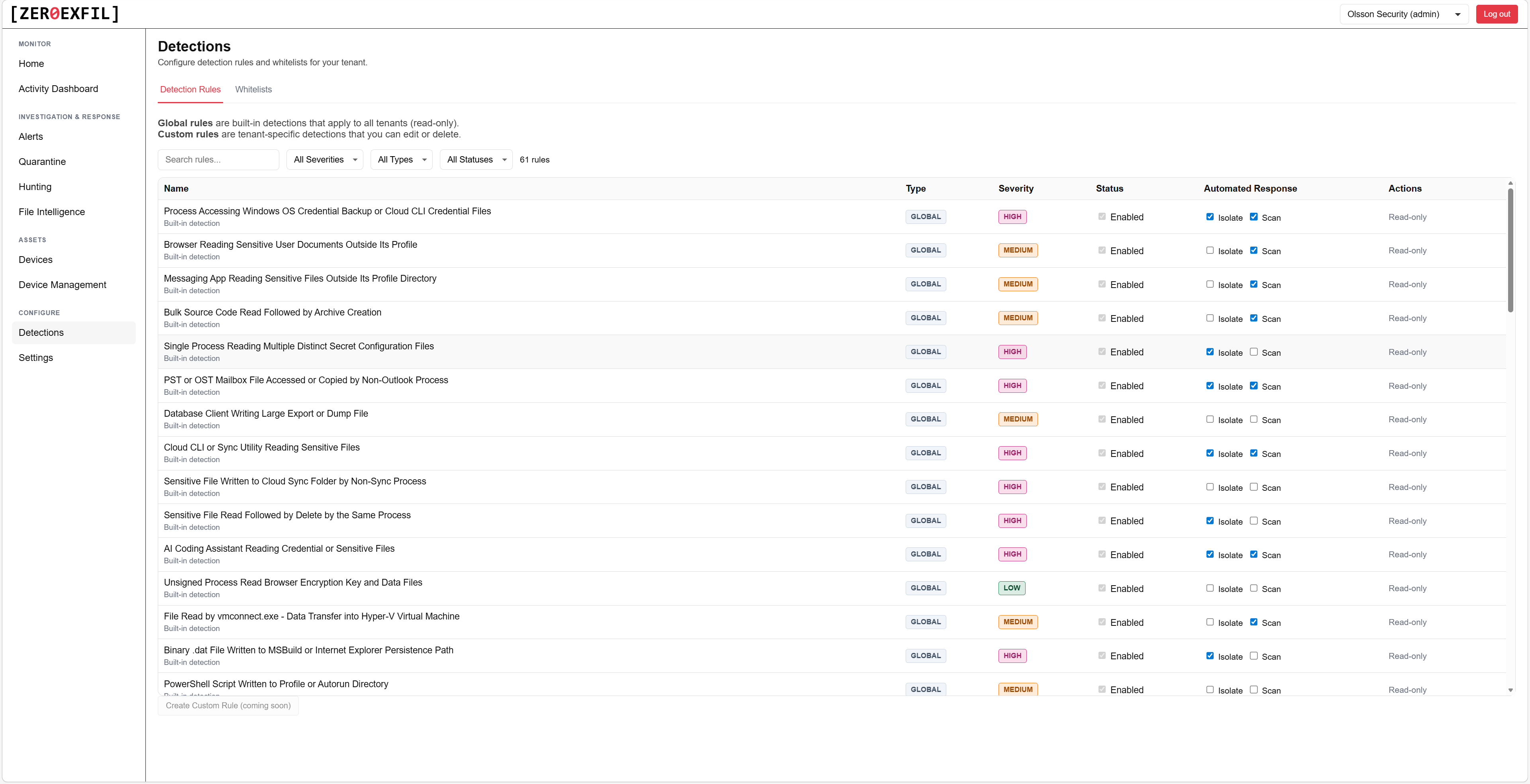 Detection rules page with built-in detections