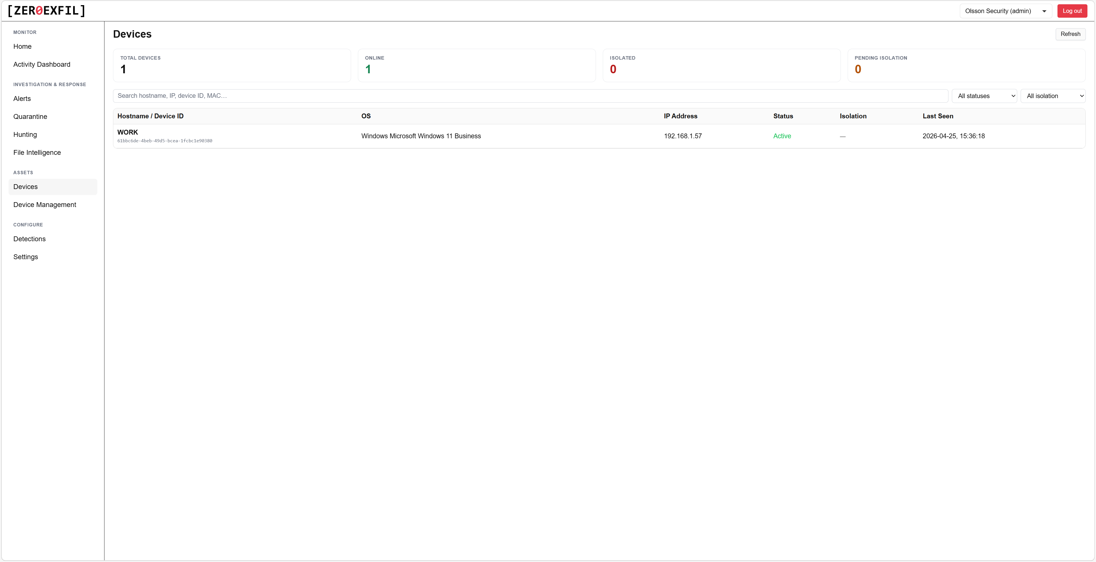 Devices page listing all enrolled endpoints with health status